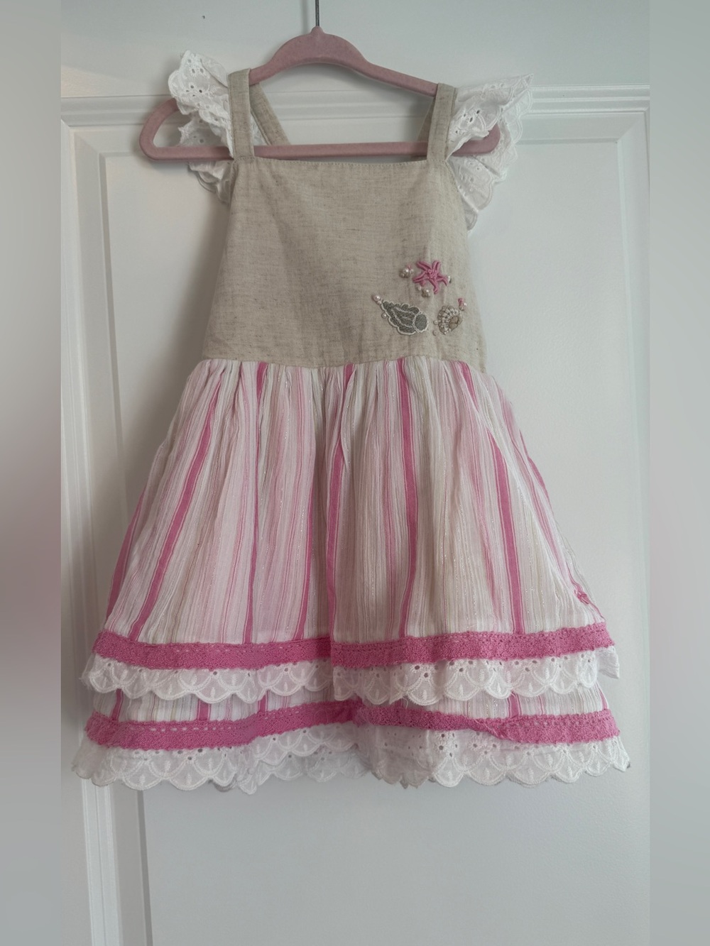 Love & Grow Girls Pink & Cream Striped dress with Lace Trim Beach Design pearls